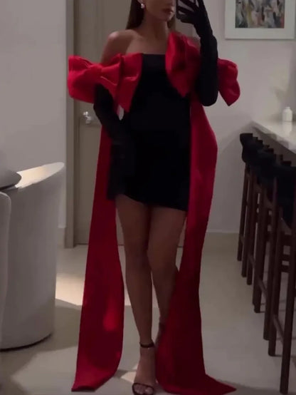 Şık Kontrast Fiyonklu Elbise (Eldivenli)