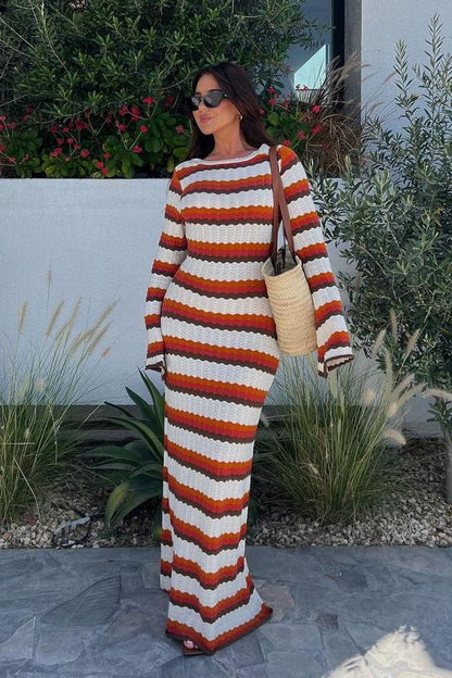 Calista Dokuma Zigzag Sırtı Açık Uzun Örgü Elbise