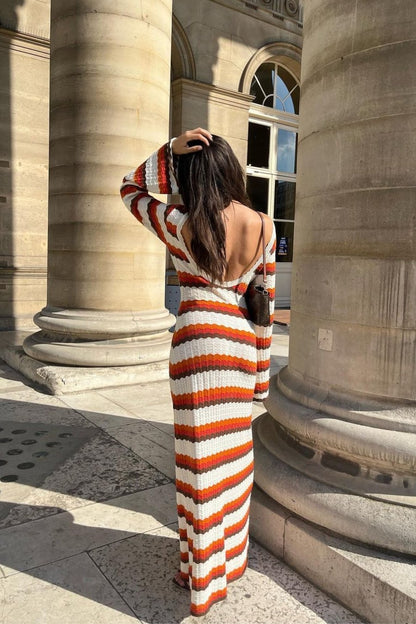 Calista Dokuma Zigzag Sırtı Açık Uzun Örgü Elbise