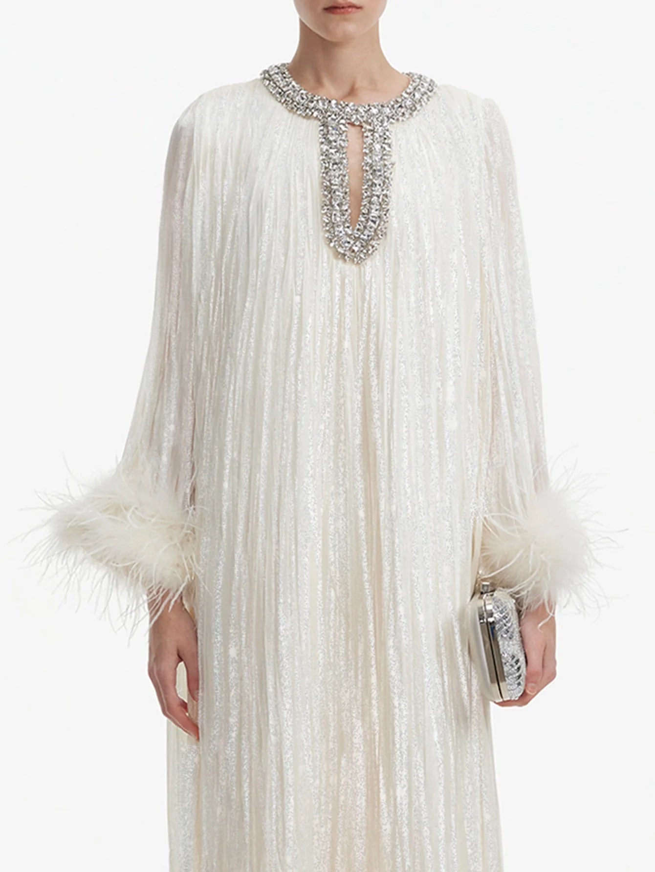 İnci Saten Tüylü Gece Elbisesi