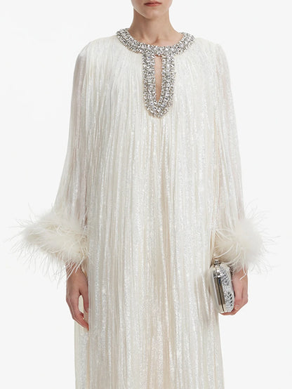 İnci Saten Tüylü Gece Elbisesi