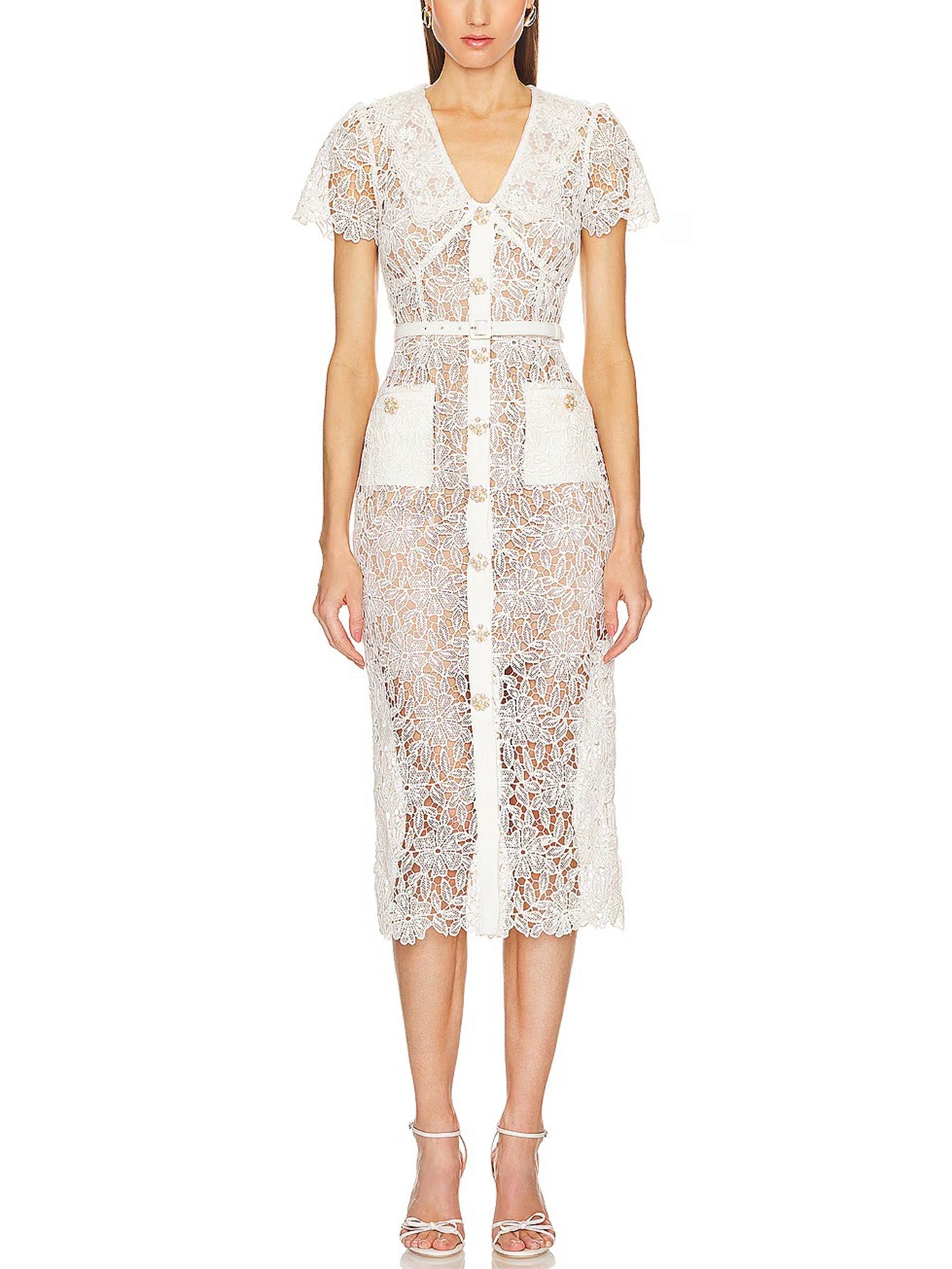 Şık Tığ İşi Dantel Midi Elbise