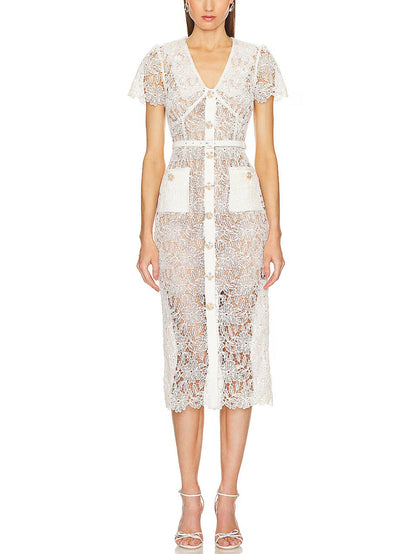 Şık Tığ İşi Dantel Midi Elbise