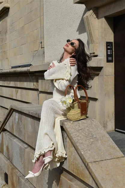 Clara Fırfırlı Uzun Kollu Örme Uzun Elbise