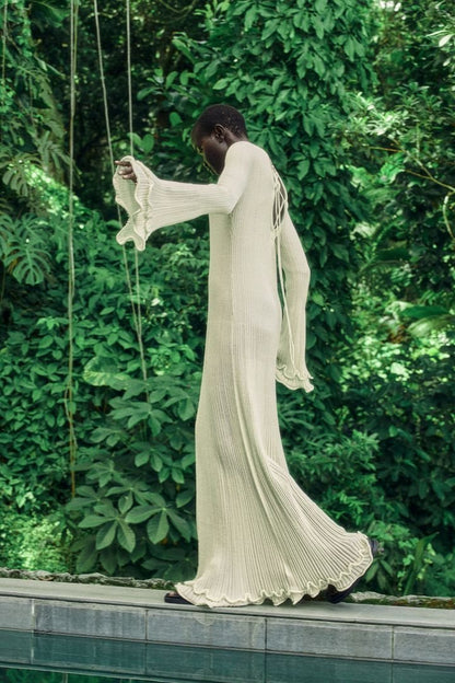 Clara Fırfırlı Uzun Kollu Örme Uzun Elbise