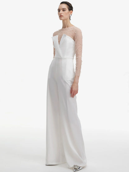 İnci Boncuklu Beyaz Tulum