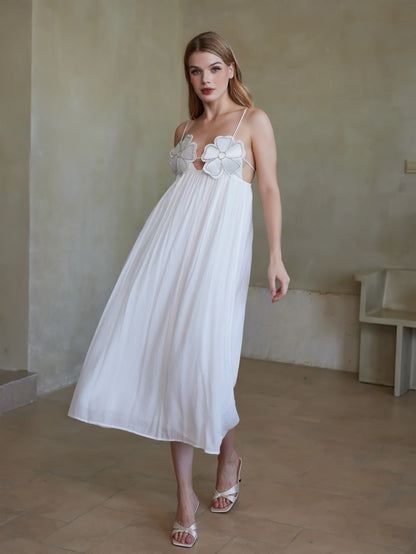 Şık Askılı Çiçek Aplikeli Uzun Elbise