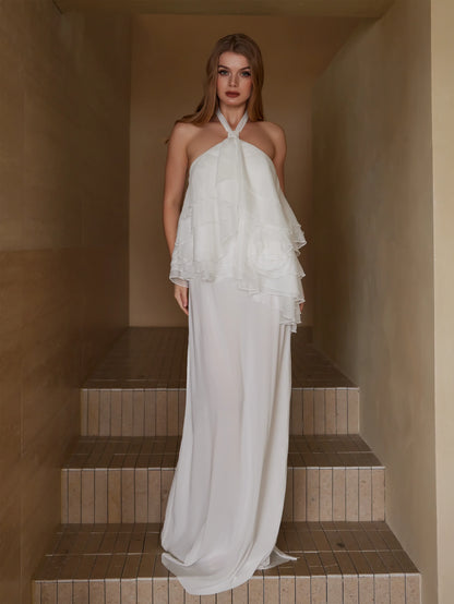 Zarif Fildişi Fırfırlı Elbise