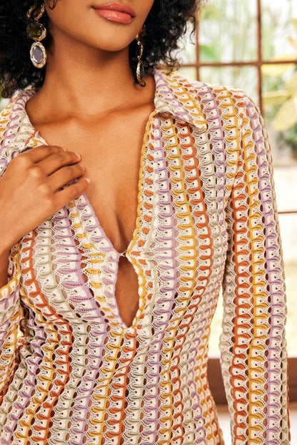 Şafak V Yakalı Tığ İşi Uzun Elbise