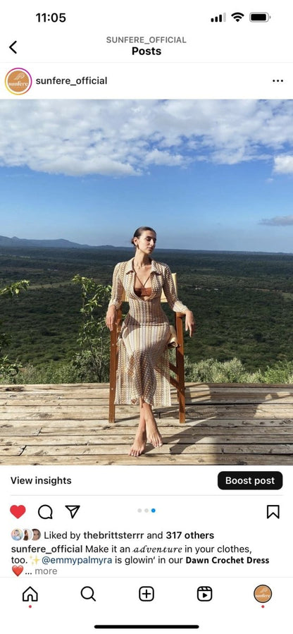 Şafak V Yakalı Tığ İşi Uzun Elbise