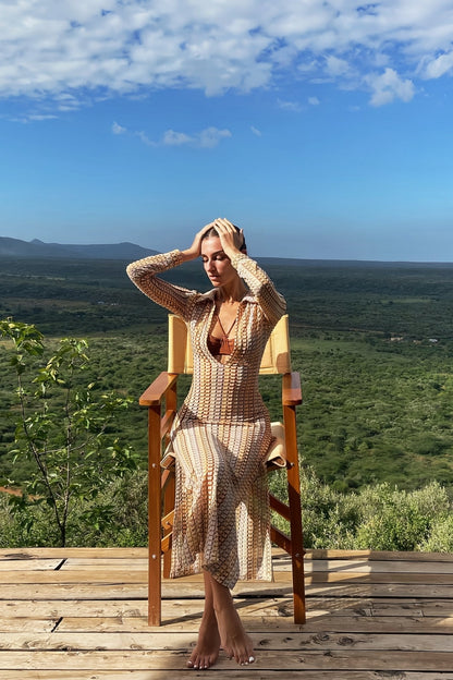 Şafak V Yakalı Tığ İşi Uzun Elbise