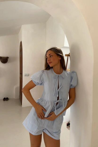 Önü Bağlamalı Pamuklu Peplum Bluz Şort