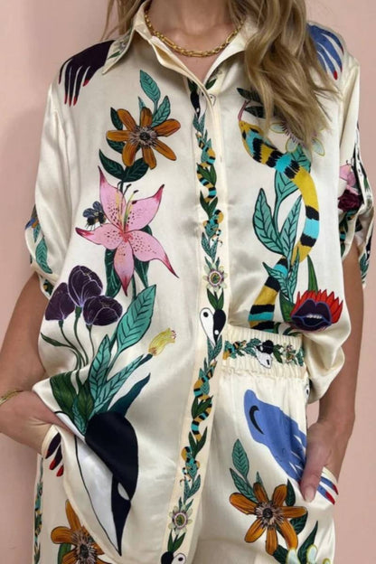 Boho Natureza Baskılı Saten Gömlek Ve Pantolon Takımı