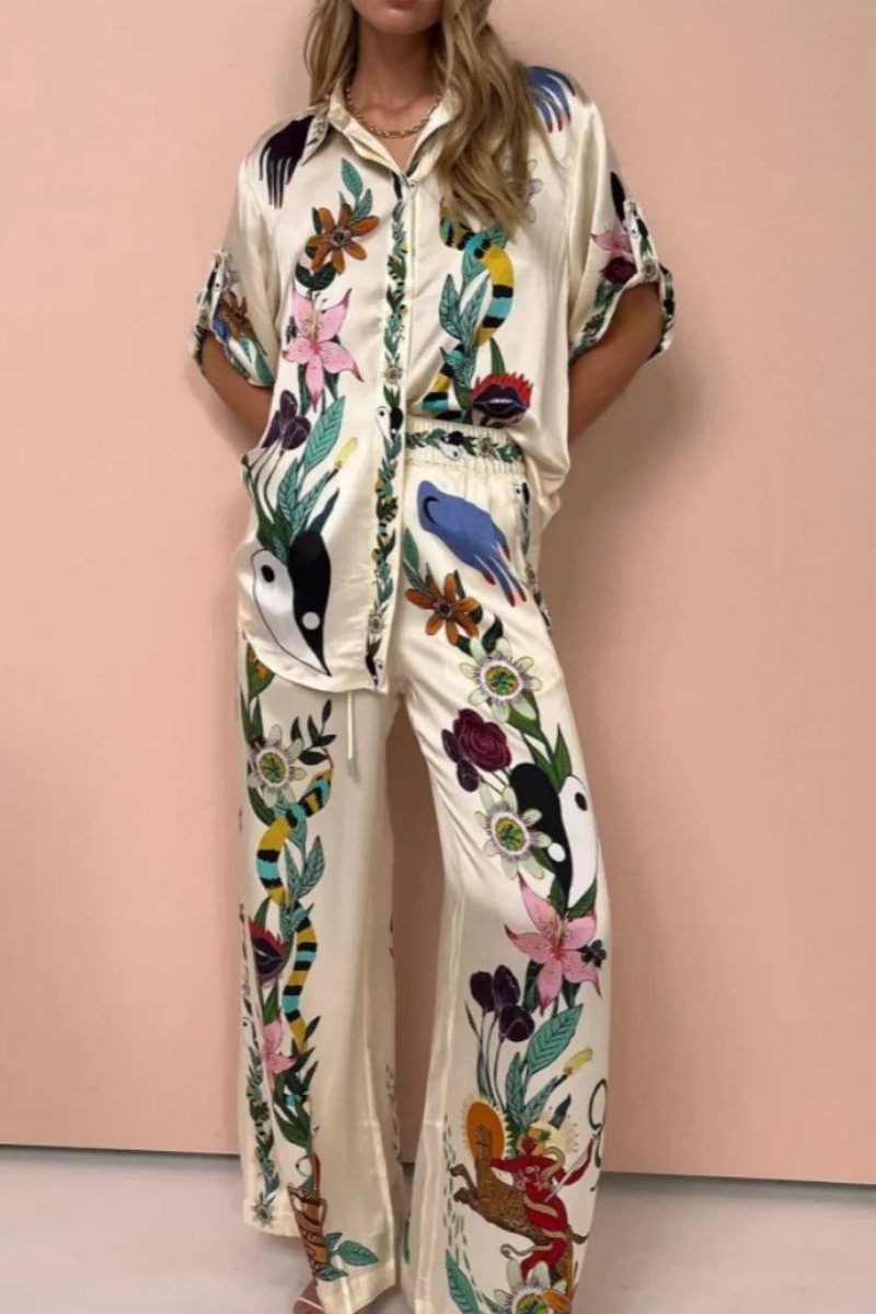 Boho Natureza Baskılı Saten Gömlek Ve Pantolon Takımı