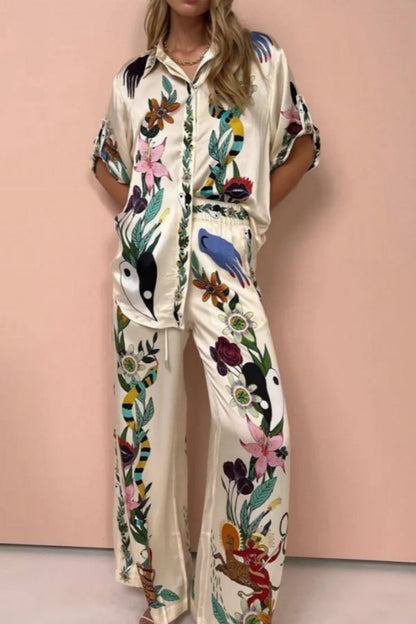 Boho Natureza Baskılı Saten Gömlek Ve Pantolon Takımı