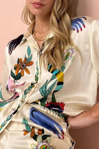 Boho Natureza Baskılı Saten Gömlek Ve Pantolon Takımı