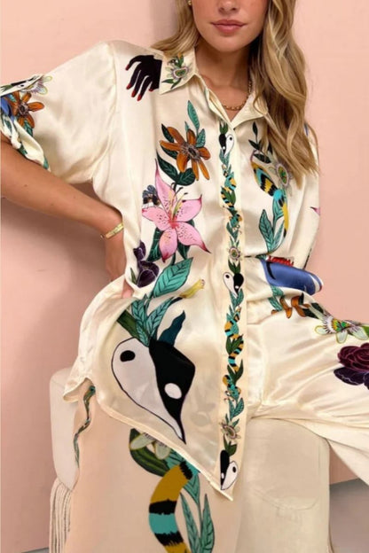 Boho Natureza Baskılı Saten Gömlek Ve Pantolon Takımı
