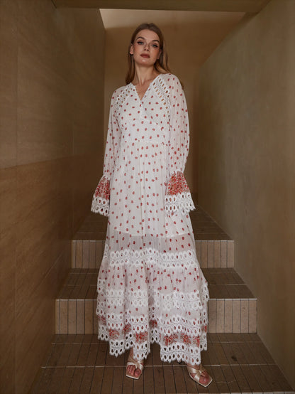 Bohem Çiçek İşlemeli Puantiyeli Uzun Elbise