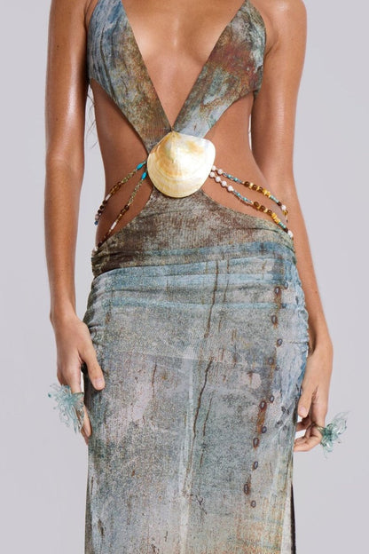 Eve Boyundan Bağlamalı Kabuk Kesim Uzun File Elbise