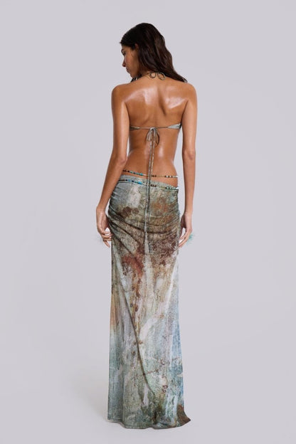 Eve Boyundan Bağlamalı Kabuk Kesim Uzun File Elbise