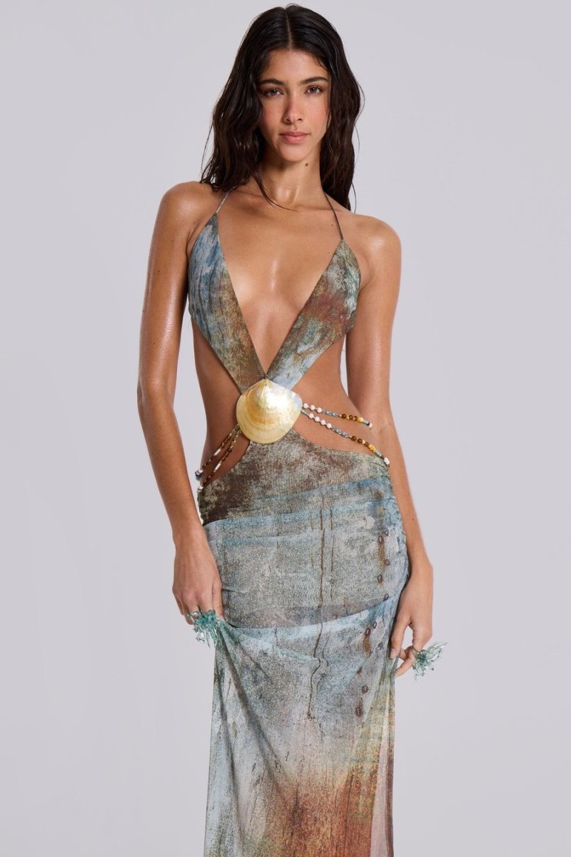 Eve Boyundan Bağlamalı Kabuk Kesim Uzun File Elbise