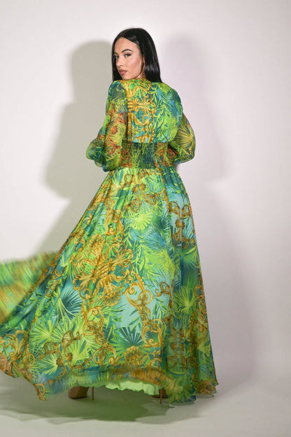 Eve Tropikal Desenli V Yaka Uzun Elbise