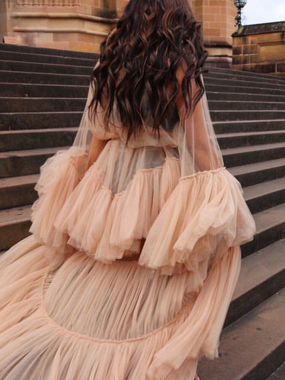 Gösterişli Allık Tül Gece Elbisesi