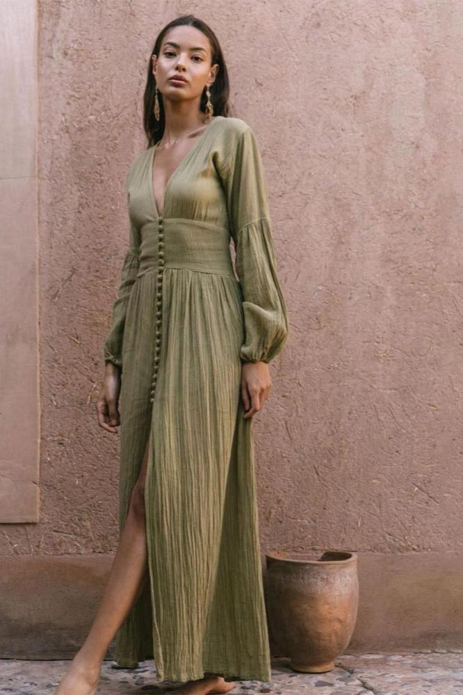 Giselle V Yakalı Plise Maxi Milkmaid Elbise