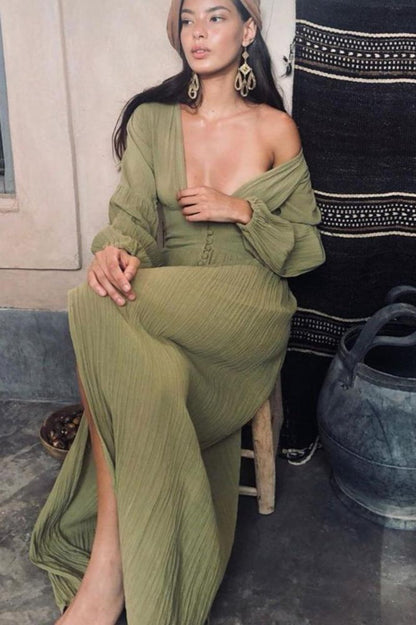 Giselle V Yakalı Plise Maxi Milkmaid Elbise