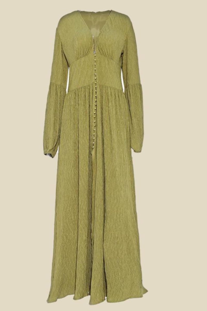 Giselle V Yakalı Plise Maxi Milkmaid Elbise