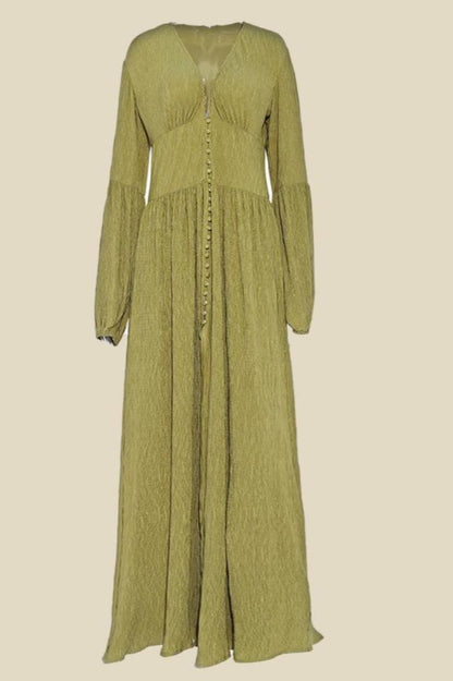 Giselle V Yakalı Plise Maxi Milkmaid Elbise