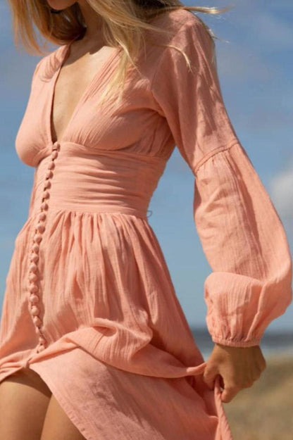 Giselle V Yakalı Plise Maxi Milkmaid Elbise