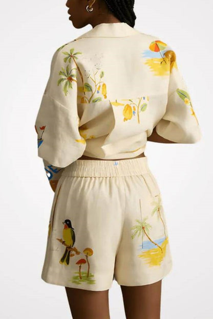 Benzersiz Tatil Halk Çiçek Baskı Gevşek Şort İki Parçalı Set