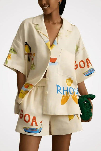 Benzersiz Tatil Halk Çiçek Baskı Gevşek Şort İki Parçalı Set