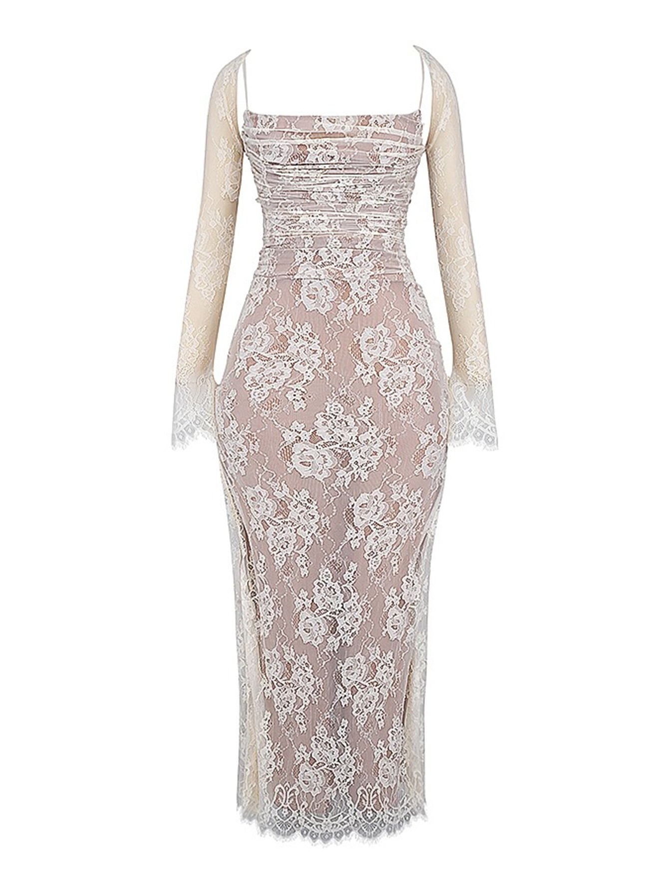 Omuz Seksi Askılı Kıvrımlı Dantel Uzun Balık Kuyruğu Elbise