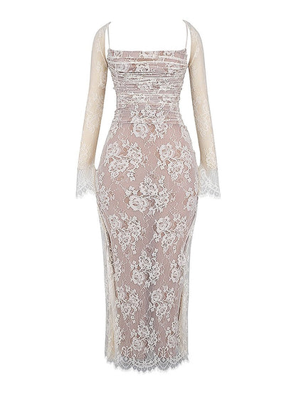 Omuz Seksi Askılı Kıvrımlı Dantel Uzun Balık Kuyruğu Elbise