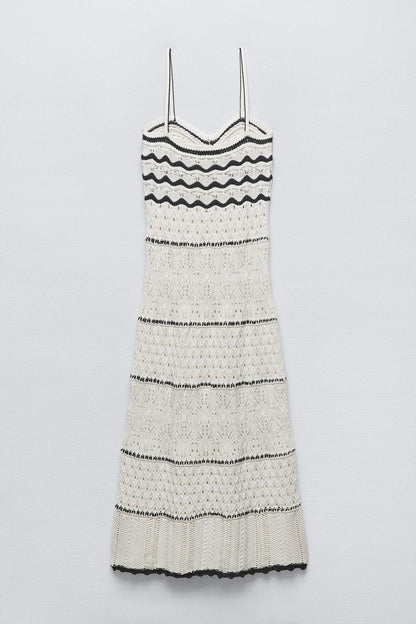 Nan Kontrast Tiğ İşi Uzun Askılı Elbise