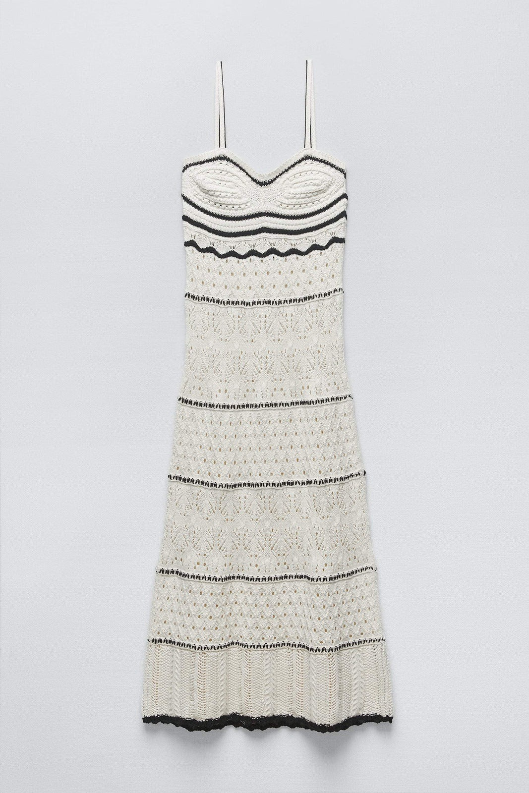 Nan Kontrast Tiğ İşi Uzun Askılı Elbise