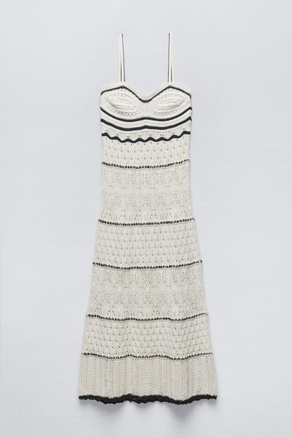 Nan Kontrast Tiğ İşi Uzun Askılı Elbise