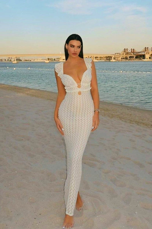 Muriel Fırfırlı Kesikli Örme Uzun Elbise