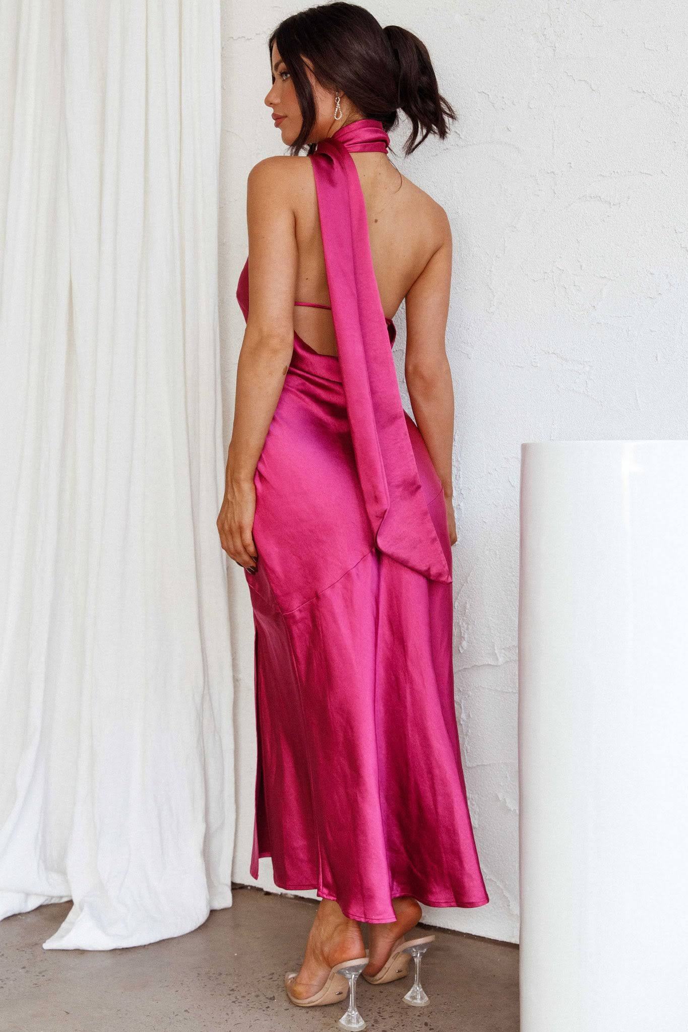 Nad Cowl Boyundan Bağlamalı Saten Midi Elbise