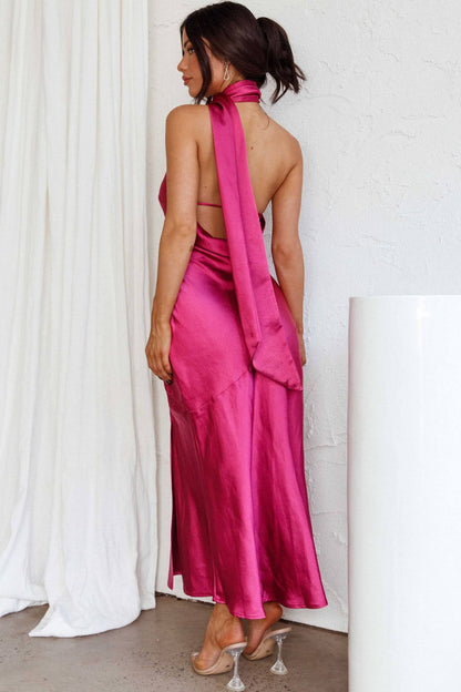 Nad Cowl Boyundan Bağlamalı Saten Midi Elbise