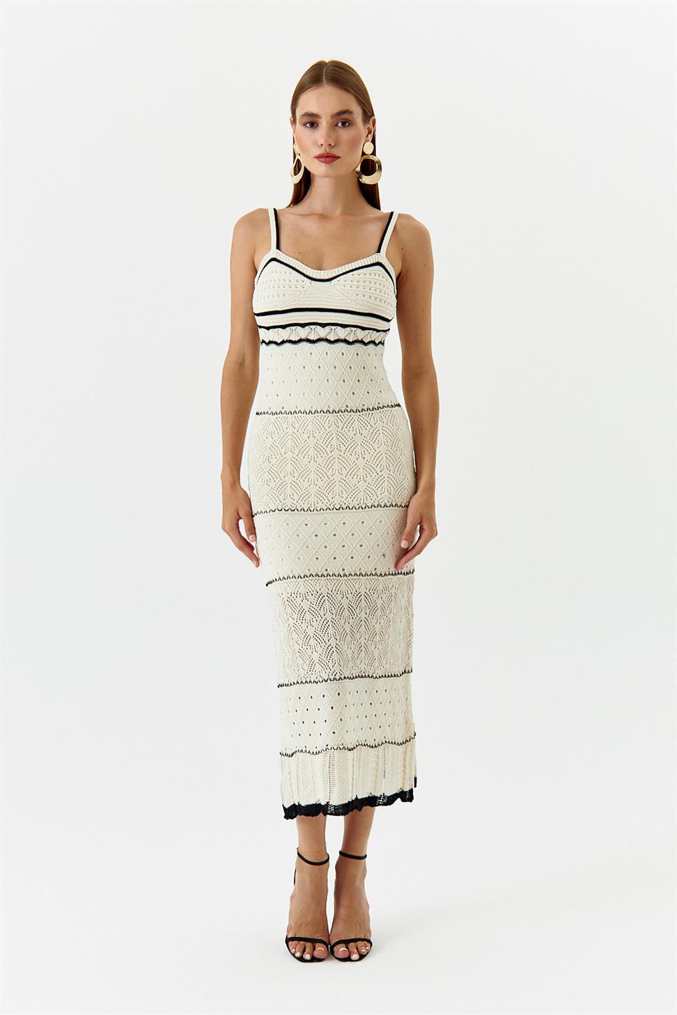 Nan Kontrast Tiğ İşi Uzun Askılı Elbise