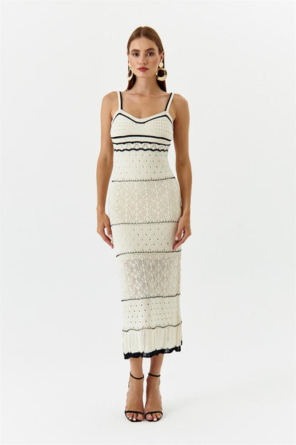 Nan Kontrast Tiğ İşi Uzun Askılı Elbise