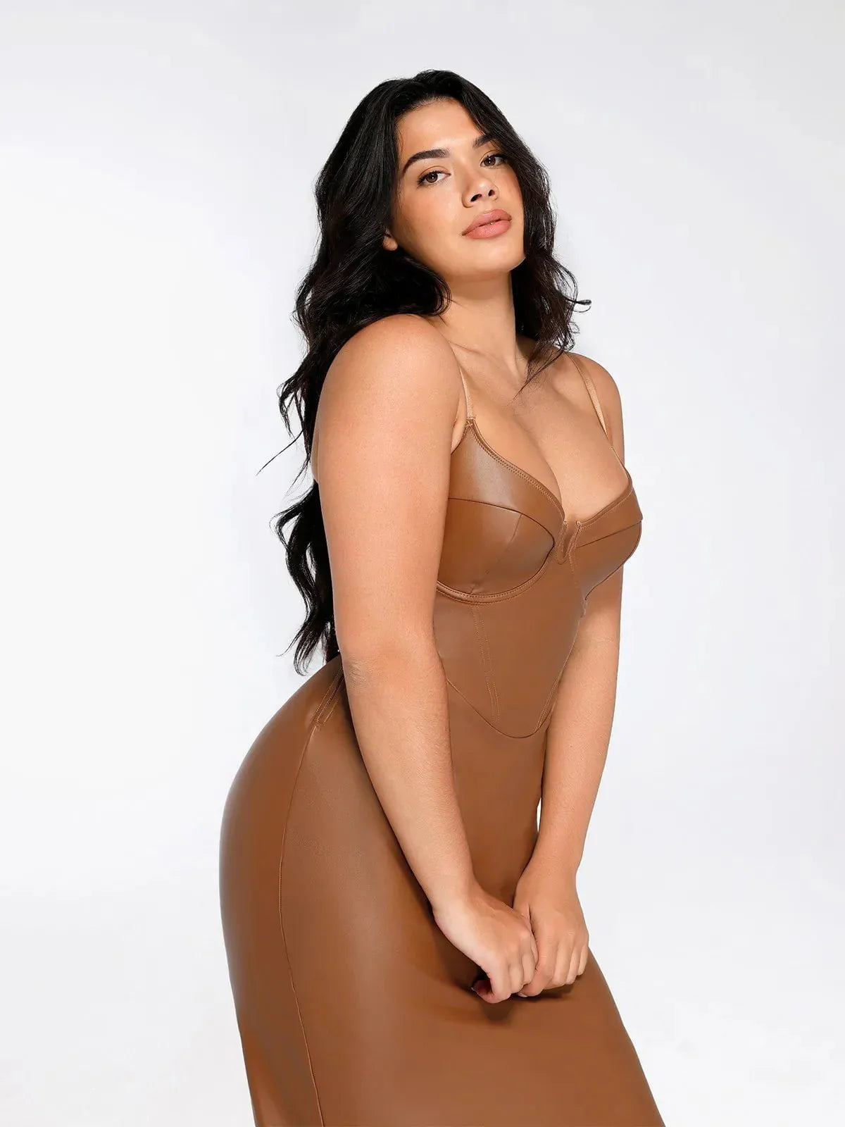 Şekillendirici Süet Deri Kum Saati Korse Midi Elbise