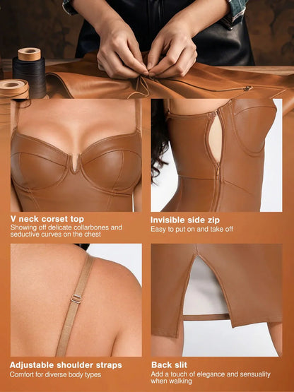 Şekillendirici Süet Deri Kum Saati Korse Midi Elbise