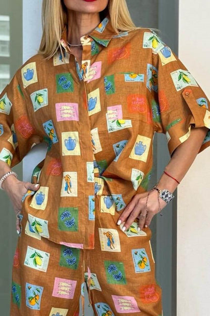 Etnik Botanik Çiçek Desenli Bol Paça Pantolon