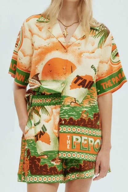 Özgün Baskılı Güneşli Öğleden Sonra Baskılı Şort İkili Takım