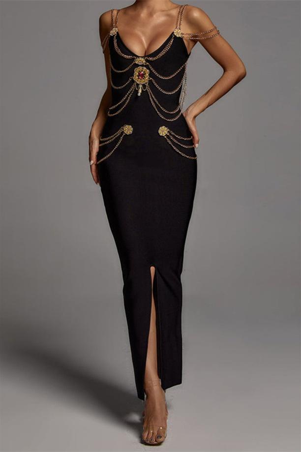 Setlla Metal Süslü V Yaka Midi Elbise