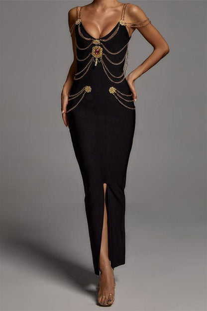 Setlla Metal Süslü V Yaka Midi Elbise